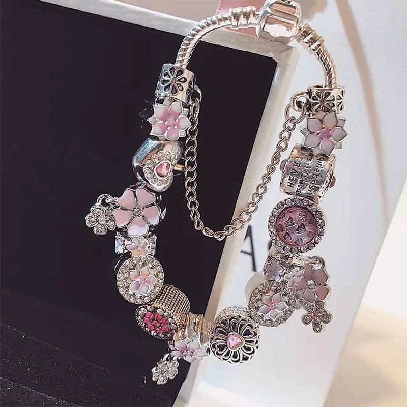 Роскошный бренд браслет розовый цветок Магнолия милые бусины Вишенки сердце