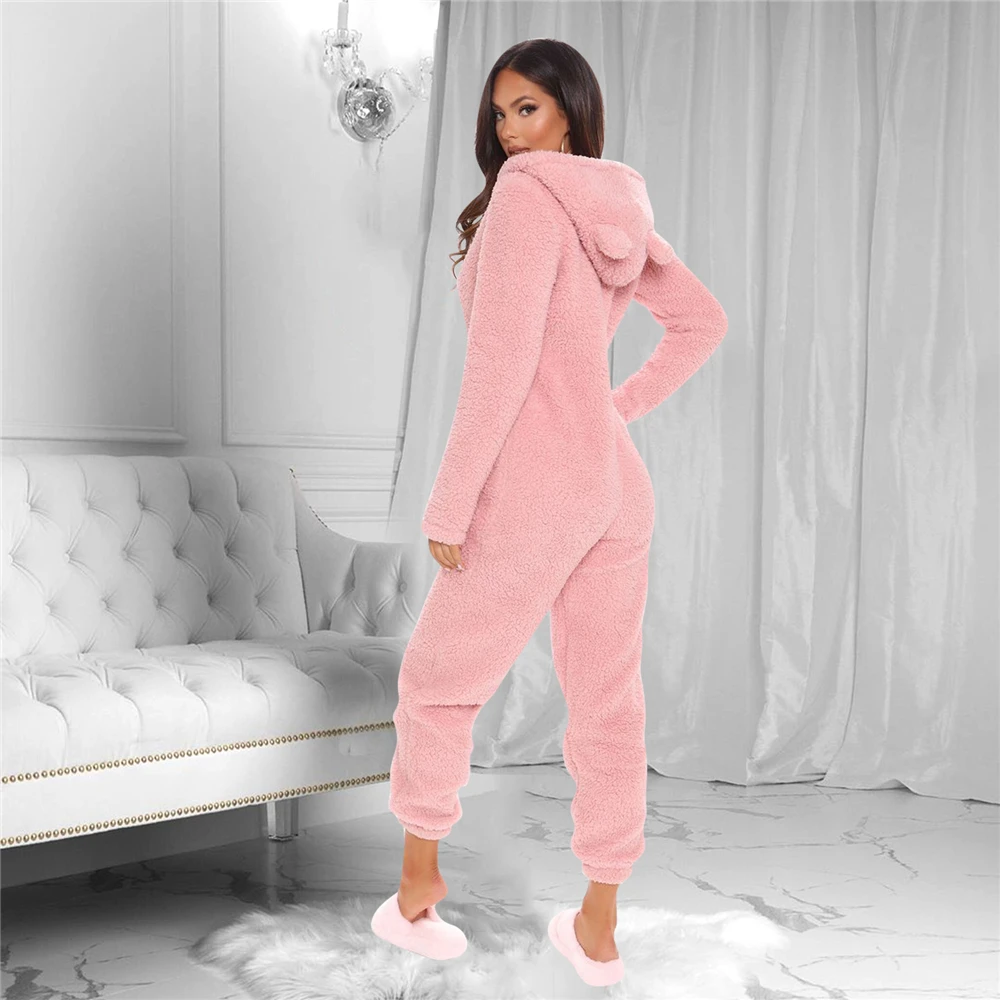 Velvet Fleece Jumpsuits For Women Autumn Winter One Piece Outfit Women Hooded Romper With Zipper Winter Cute Plush Pajamas