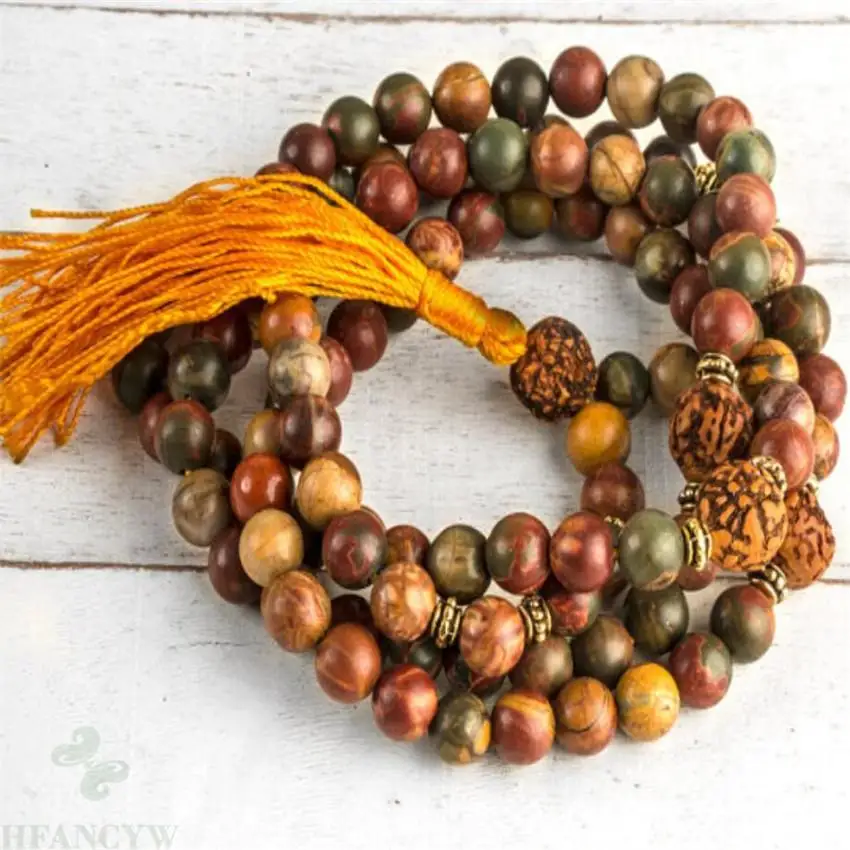 

8mm Picasso Gemstone Tassel Mala necklace 108 Beads spirituality Bless Lucky cuff Gemstone yoga energy pray Sutra Unisex Healing