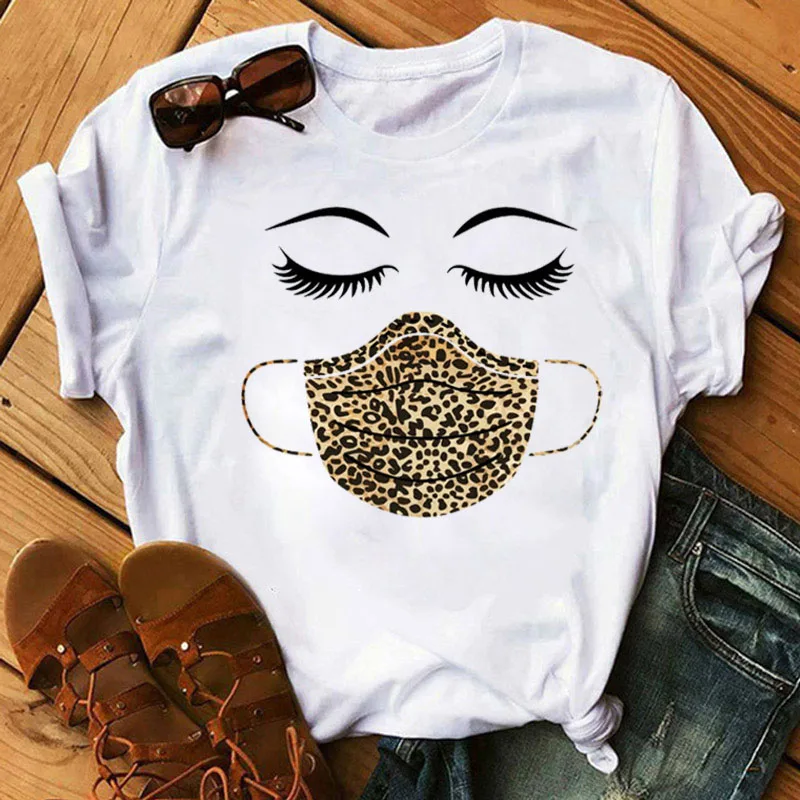 

New Fashion Women T Shirt Leopard Face Mask Eyelash Print Tee Shirt Female Short Sleeve Tops Tee Harajuku T-shirts 90s Girls Tee