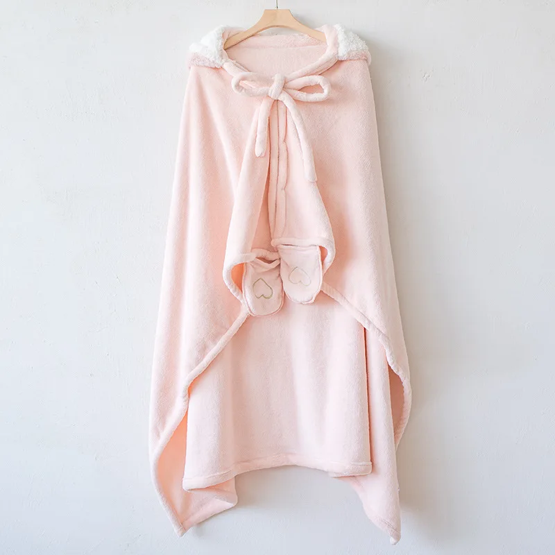

Lovely Pink Comfy Flannel TV Blanket Sweatshirt Winter Warm Adults and Children Rabbit Ear Hooded Fleece Blanket Sleepwear Cloak