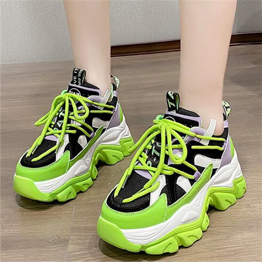 

New Height Increasing 7 CM Thick Soled Sneakers Women High Heels Autumn Fashion Mixed Colors Platform Shoes White Green Black