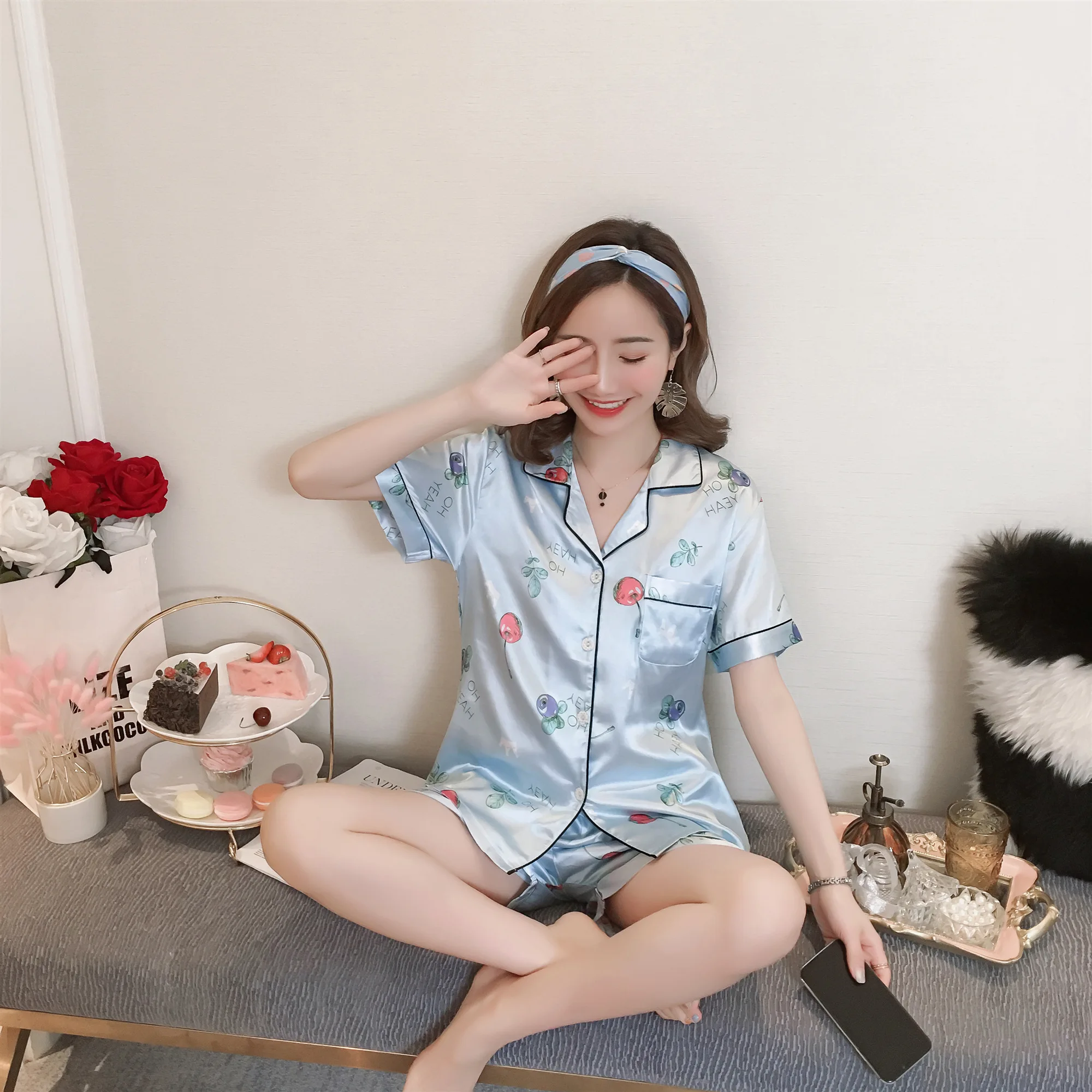 Пижама с длинными рукавами Lazy Style 2020 WAVMIT Шелковый комплект из 2 предметов женская