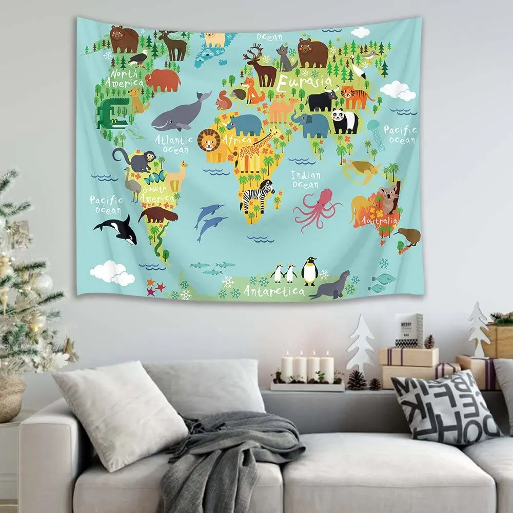 Настенная карта мира подвесная мультяшная с животными распределительная