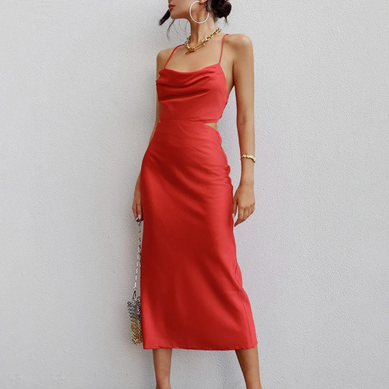 

Женское Драпированное Платье-миди на бретельках, Элегантное летнее Бандажное платье без рукавов, наряды на шнуровке