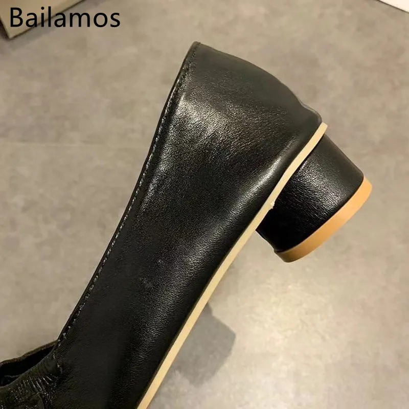 

Bailamos 2021Women Retro Square Toe Pumps Shoes Office Daily Shoes Elastic Mouth Slip On Low Heels Leather Pumps 3 cm