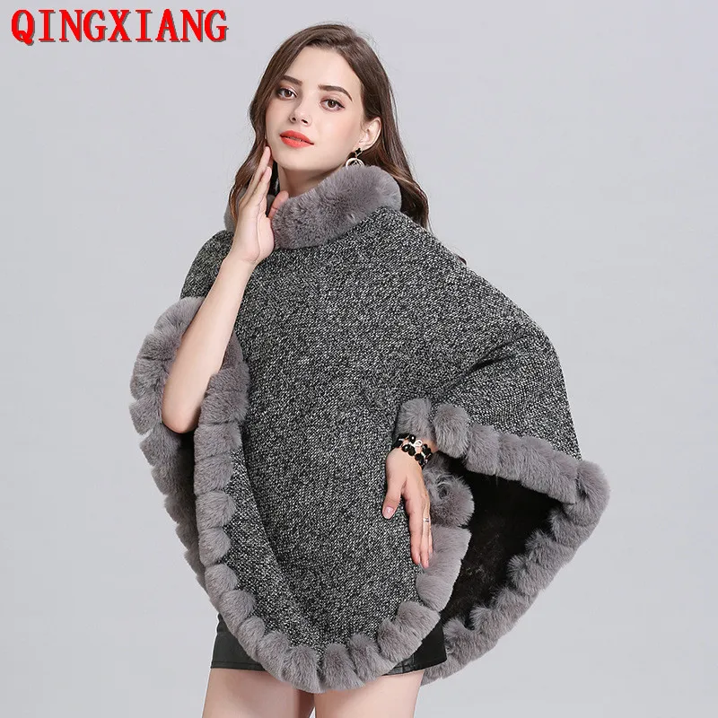 

8 Color Plus Velvet Warm Pullover 2021 Winter Faux Fox Fur Out Street Wear Women Capes Solid Poncho Knitted O Neck Fur Sweater