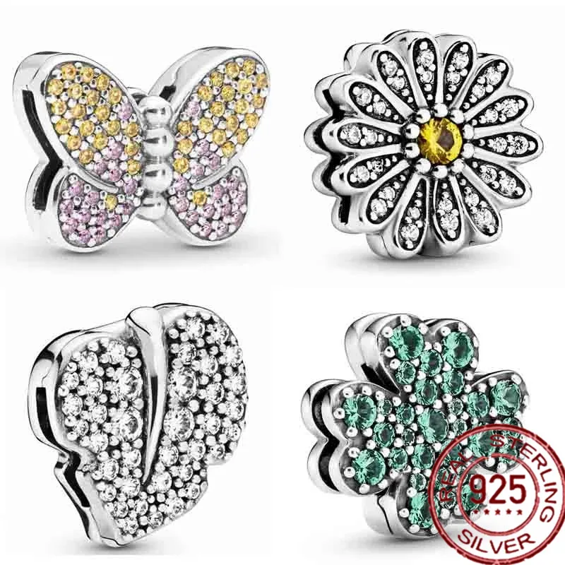 

2021 New Pave Four-Leaf Clover Daisy Flower Butterfly Clip Charm 925 Sterling Silver Beads Fit Pandora Bracelet Diy Jewelry