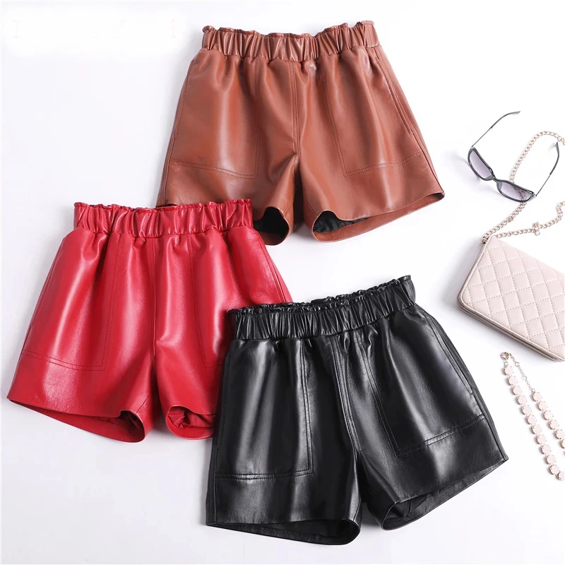 Genuine Leather Shorts For Women Korean Fashion 2020 Elastic Waist Booty Mini Sexy Short Feminino Red/Camel/Black Calzones Mujer