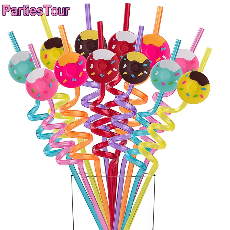 8pcs 25cm Reusable Donut Straws Birthday Donut Grow Up Theme Plastic Drinking Straw For Kids Birthday Party Supplies