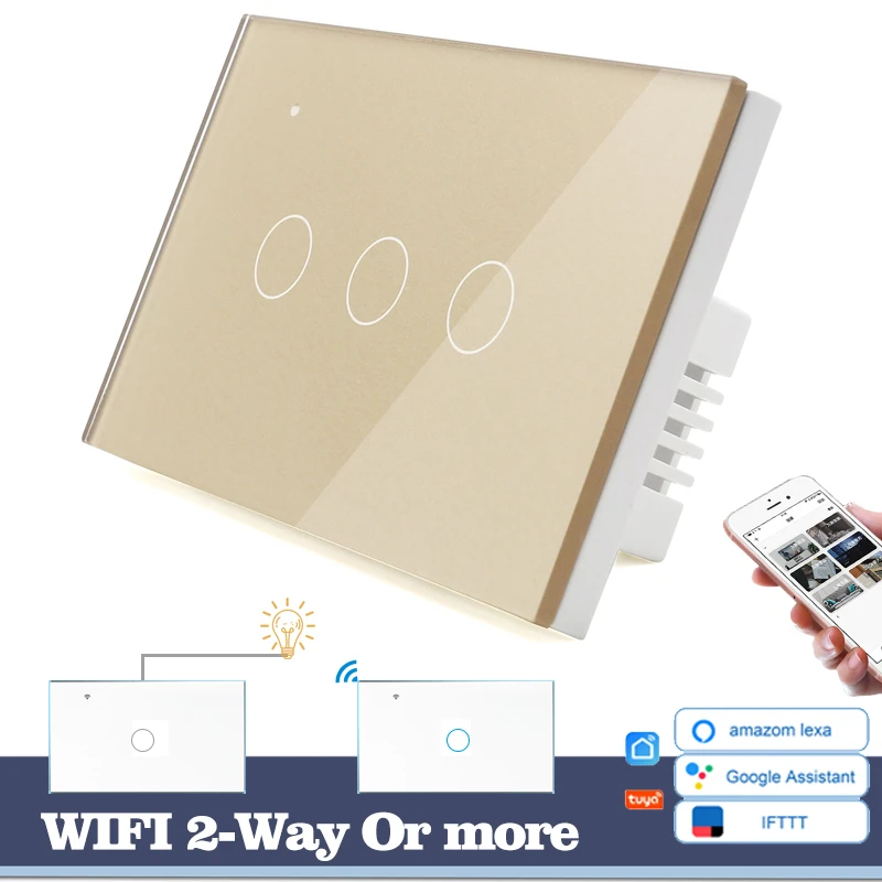 

WIFI Touch Light Wall Switch Gold Glass Blue LED 118*72mm Smart Home Phone Control 3Gang 2Way Round Alexa Google Home Alice