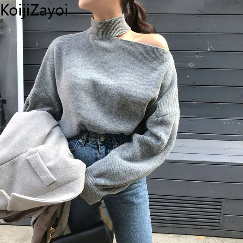 

Koijizayoi Women Sexy Solid Off Shoulder Sweater Knitted Pullover Office Lady Korean Fashion Jumpers Autumn Winter Pullovers