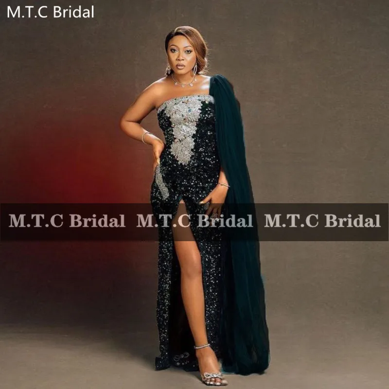 

Black Long Sparkly African Evening Dress With Cape Silver Appliques Strapless Side Slit Sequins Formal Gowns For Wedding Party