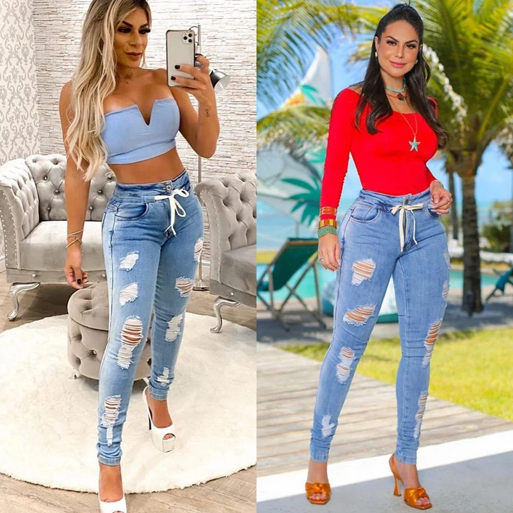 

Women Skinny Lace-up Ripped Jeans Fashion Vintage Distressed Denim Pants Solid Destroyed Pencil Pants Casual Hole Long Jeans D30