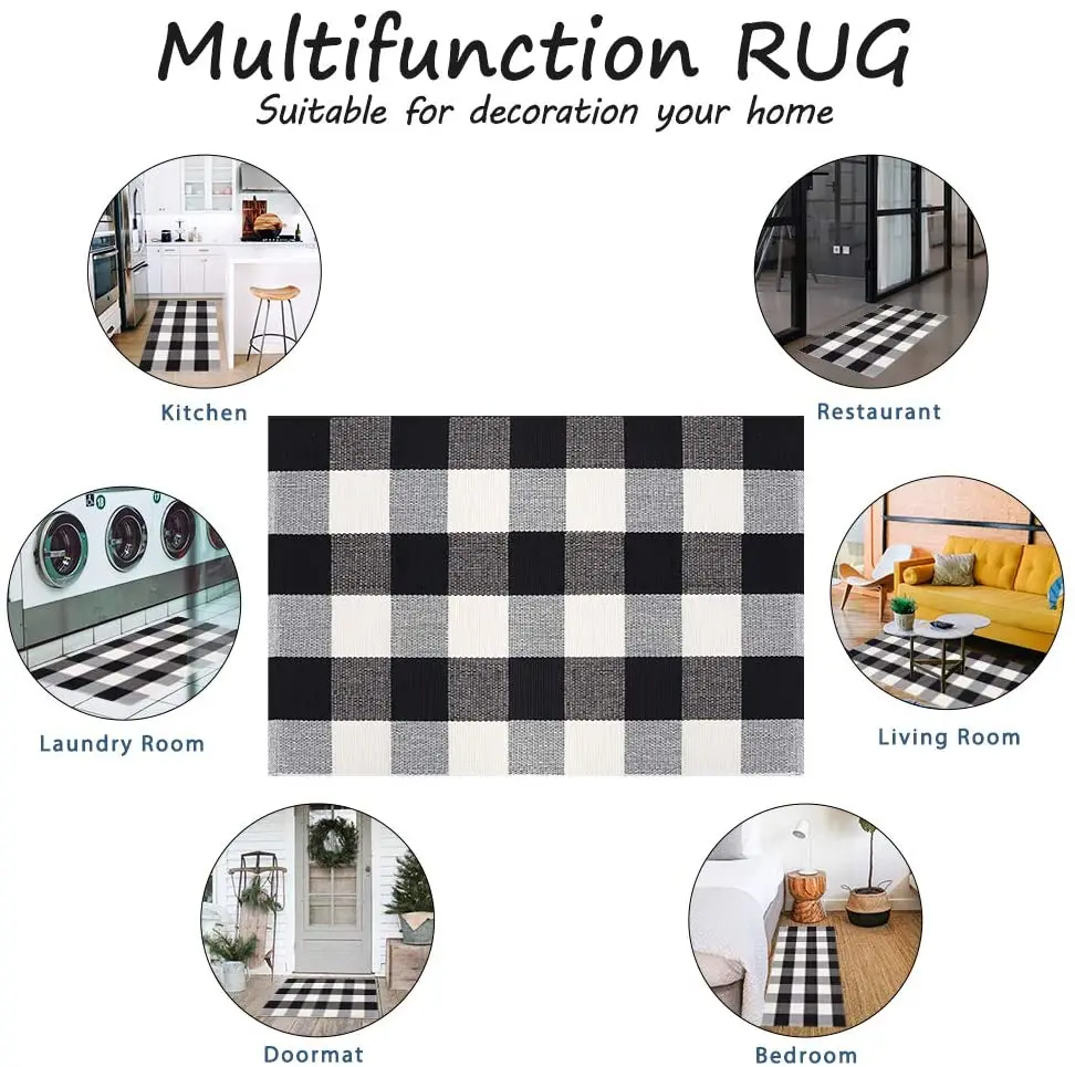 

Anti-slip Door Mat Cotton Black White Indoor Outdoor Porch Decor Farmhouse Rugs Woven Floor Laundry Kitchen Bathroom 1pc