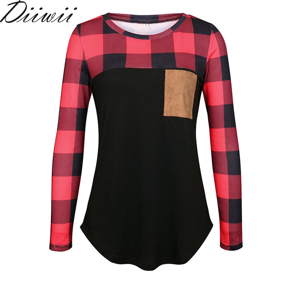 

DiiWii Womens Fall Top Loose Round Collar Plaid Mosaic Long Sleeve Pocket T Shirt