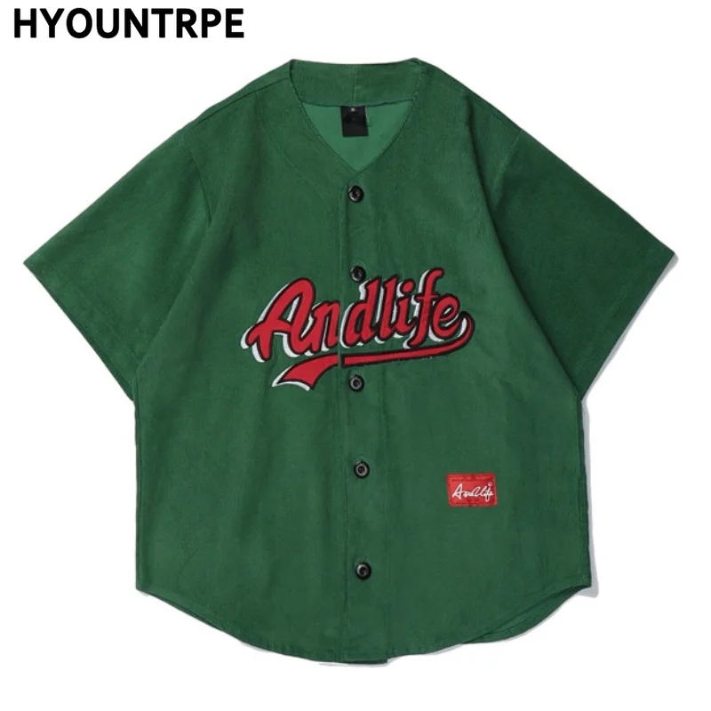

Men Corduroy Baseball Tee Shirts New Fashion Letter Single Breasted Hip Hop Shirts Skateboard High Street Couple Tees Streetwear