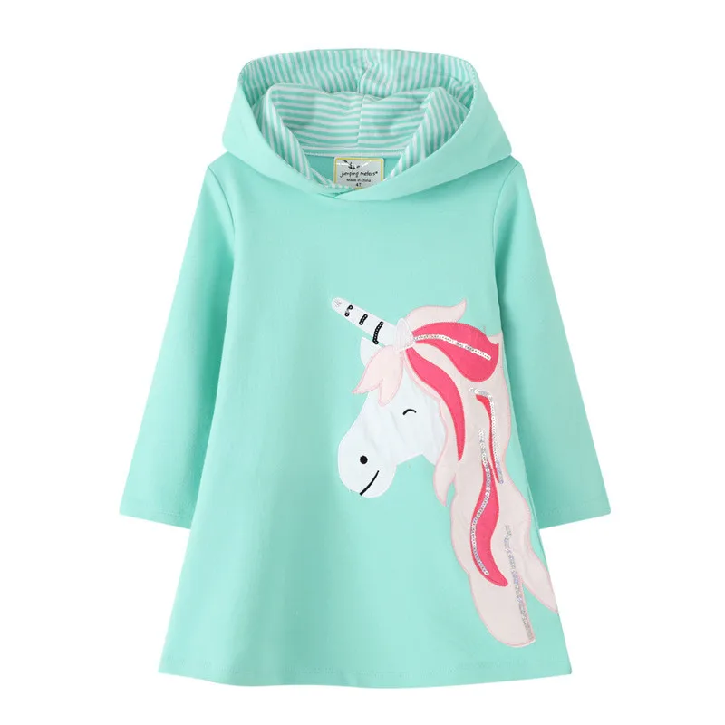 Jumping Meters Cotton Unicorn Girls Dress for Winter Spring Baby Cotton Clothing Hot Hoodies Dresses