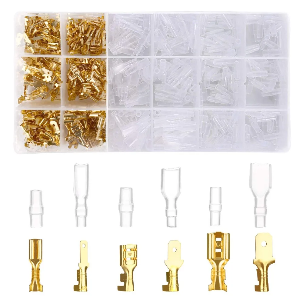 

600Pcs/lot 2.8/4.8/6.3mm Female and male Crimp Terminal Connector Gold Brass/Silver Car Speaker Electric Wire Connectors Set