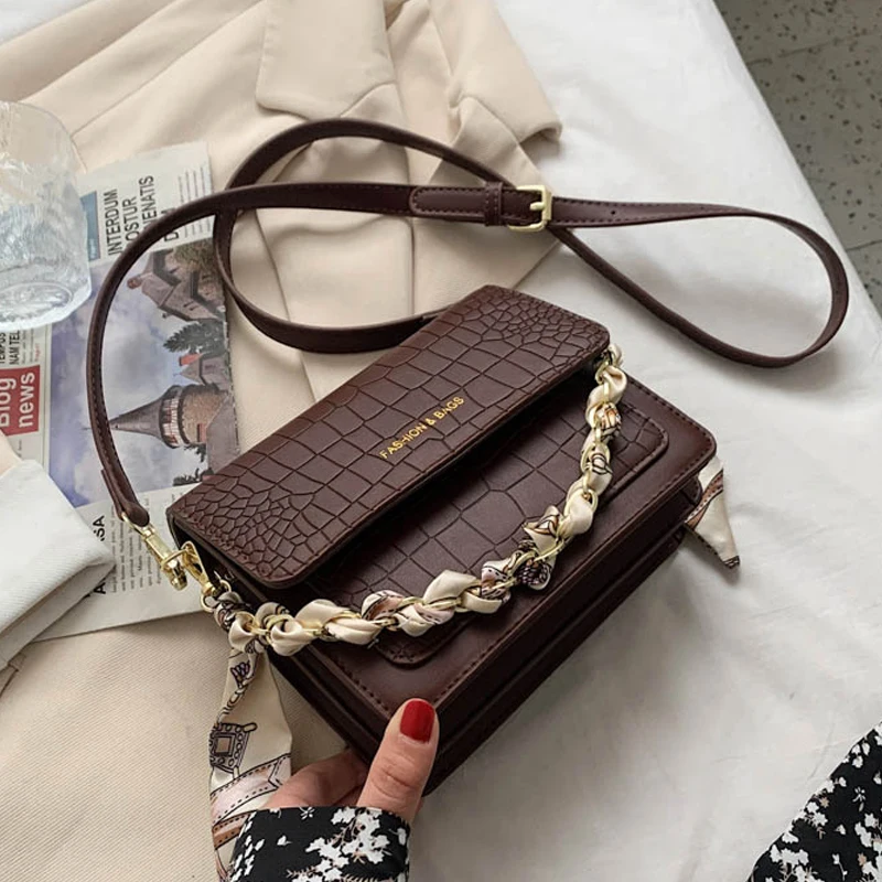 

Crocodile Pattern Square Women Shoulder Bag Silk Scarf Chain Handbags Women's Bag Casual Pu Leather Crossbody Bags for Women New