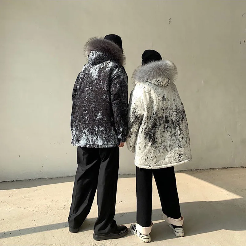 Black White Print Lovers Loose Parkas With Fur Collar Women Men Fashion Street Warm Cotton Coats Hooded Jackets Winter Clothing