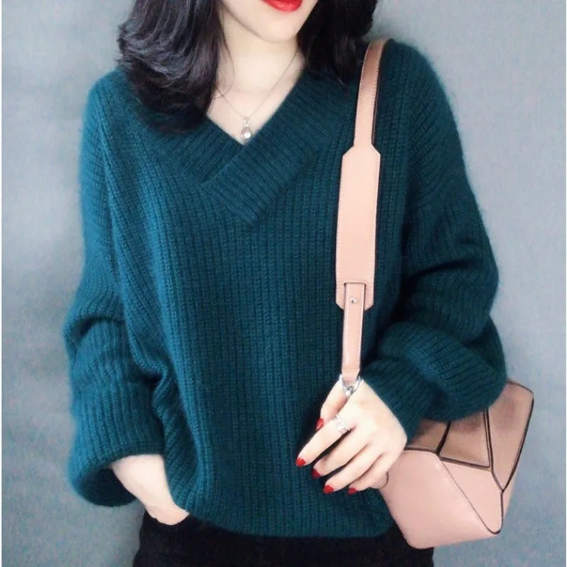 

2020 Autumn Winter Mohair Sweaters Women Korean Elegant V Neck Lantern Sleeve Solid Color Knitted Loose Fashion Jumper for Femme