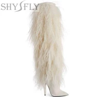 2021 fashion knee long women boots pointed toe white faux fur stiletto heels modern boots runway banquet shoe plus size footwear