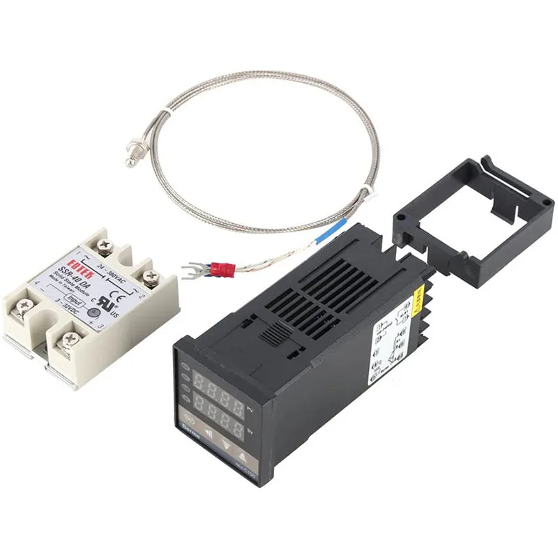 

REX-C100 Temperature Controller SSR 40DA K Thermocouple Heat Sink Kit Digital PID 40DA SSR Relay K Type Probe Sensor 1m RKC
