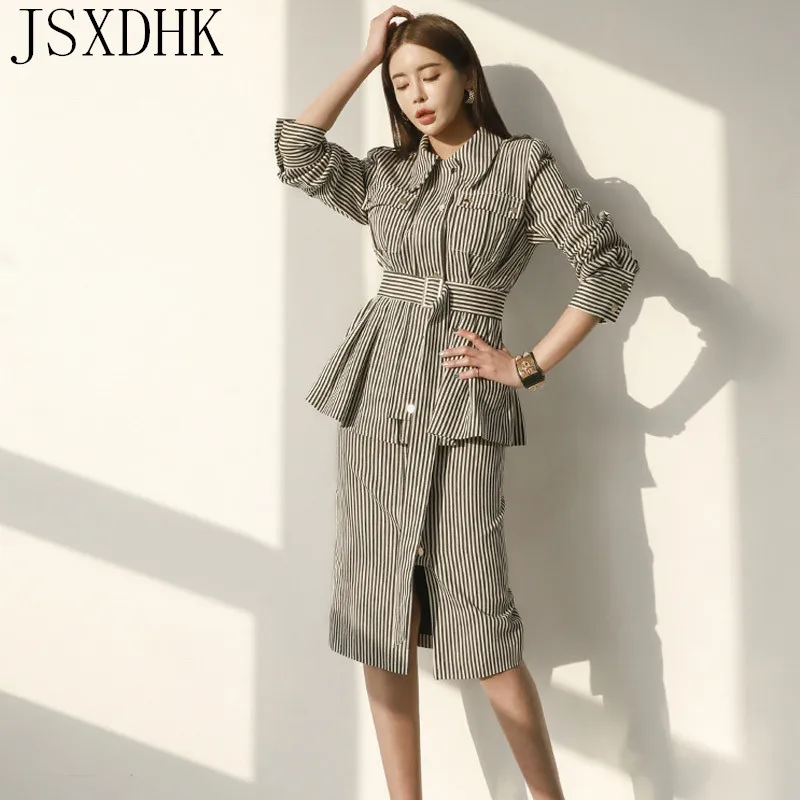 

JSXDHK Women Fall Stripe 2 Pieces Suits Fashion Split Pencil Sheath Party Pencil Work Wear Business Set with belt