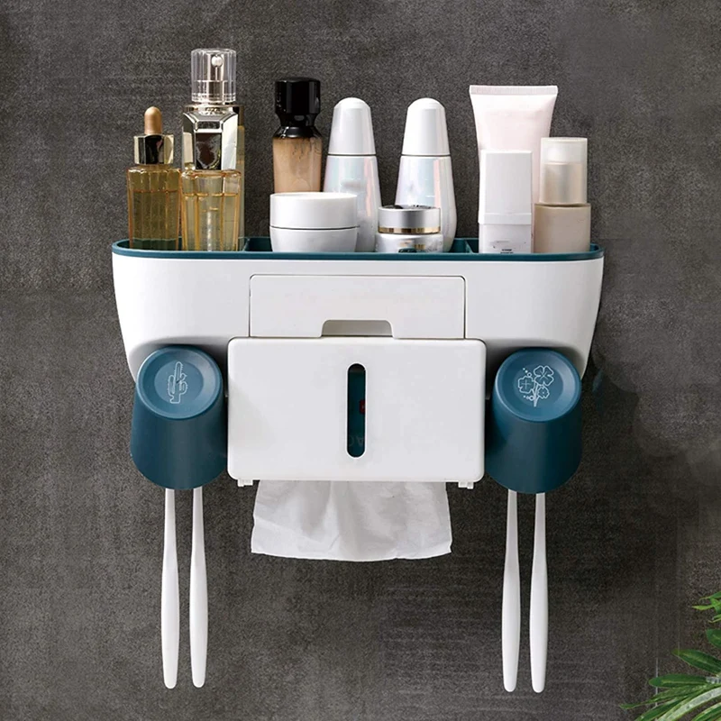 

Multifunctional Toothbrush Holder Wall Mounted-Toothbrush Organizer With Tissue Box,Cosmetic Organizer And Cell Phone