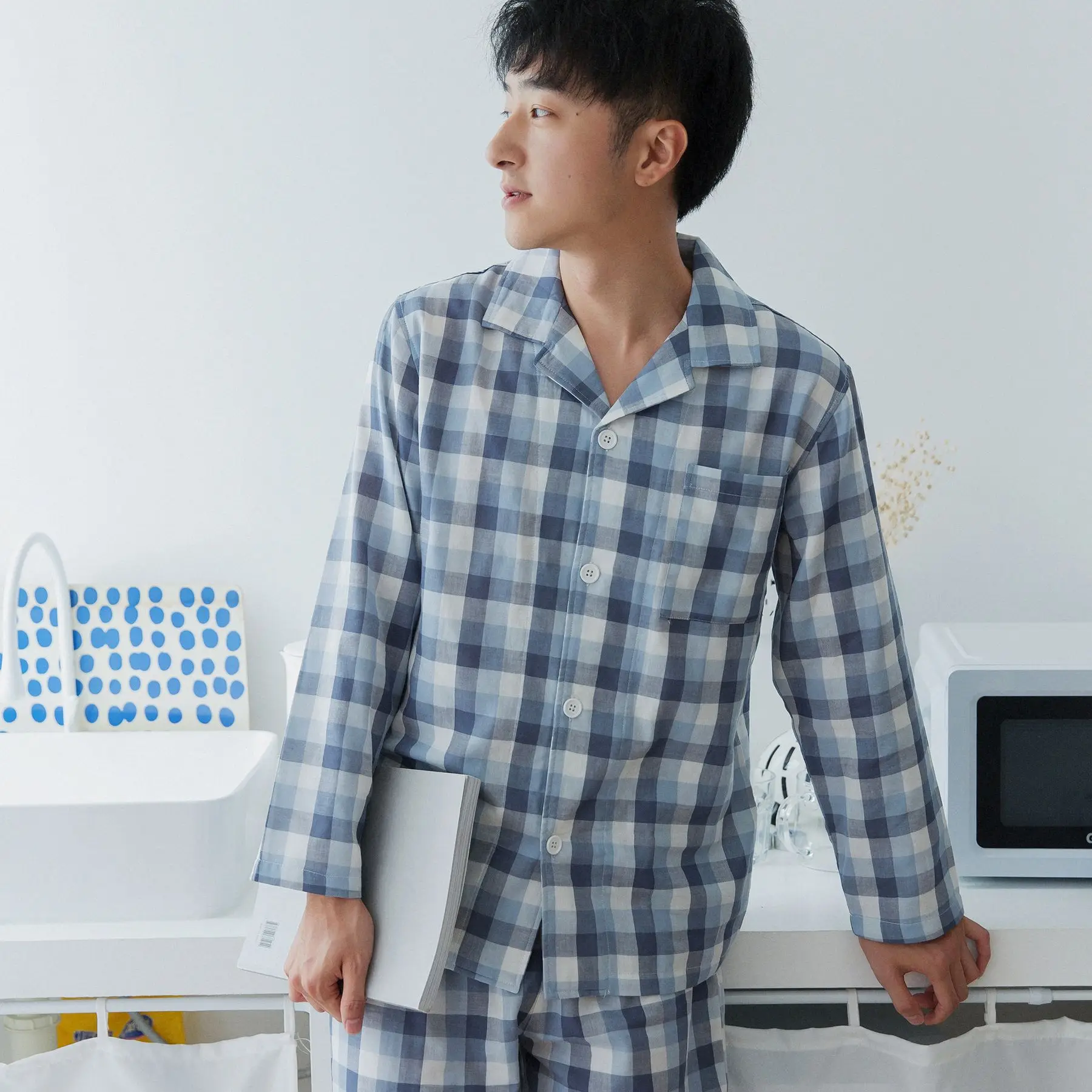 Осень 2019 хлопок мужские с длинным рукавом влюбленные пижамы набор Клетчатая