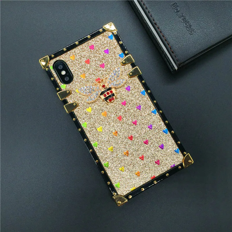 Роскошный чехол для телефона с Пчелой для iPhone 11 Pro X XR XS Max 8 7 Plus, квадратная Лазерная крышка с сердцем для samsung Galaxy S9 S10 Plus Note 10 Pro - Цвет: Gold2