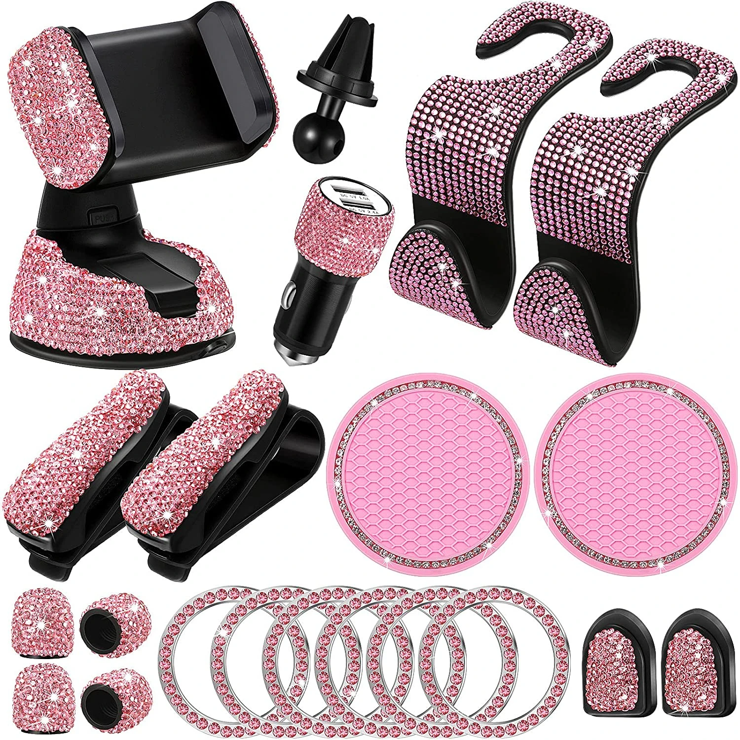 

20pcs-Set Car Accessories for Women Interior Cute Set Pink Bling for Volvo XC90 XC60 Honda Toyota Nissan BMW Benz Universal Use