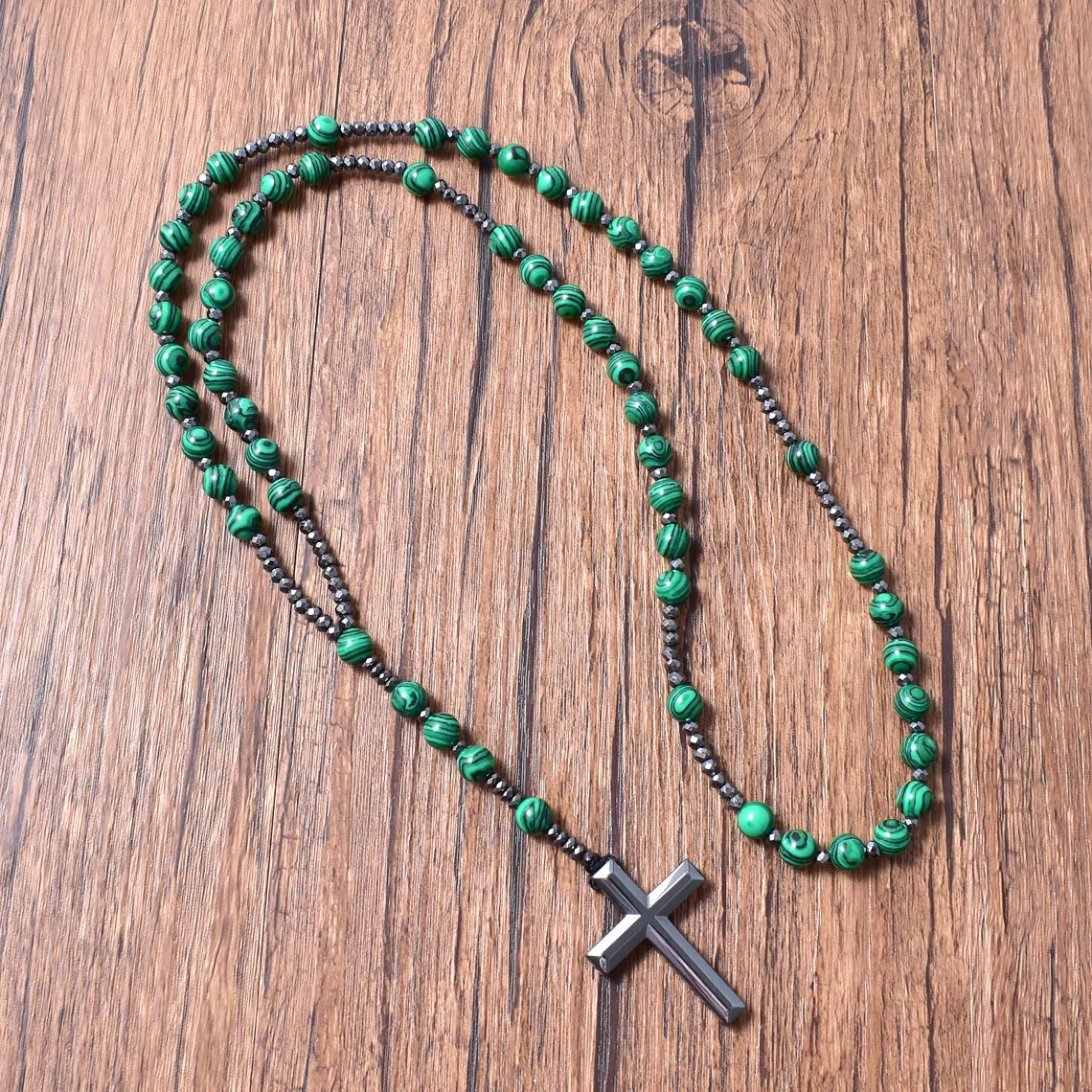 

Cross Necklace Hematite Crucifix Stone Protection Malachite Catholic Necklace Christian Jewelry Religious Rosary Gift For Him