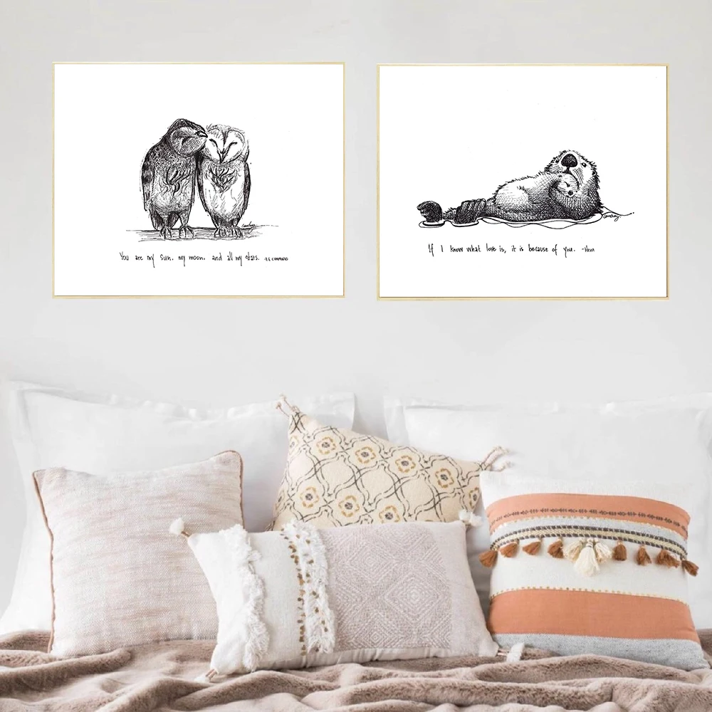 

Owl Couple Sea Otters Canvas Painting Sketch Animals Poster Inspiring Quote Art Print Nursery Wall Picture Living Kid Room Decor