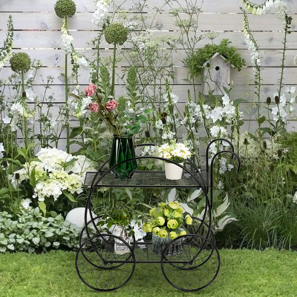 

Plant Plank Bloempot Stands Met Hout Plant 2-Layer Plant Stand With Trolley Shape Sterke Staande Bloem Plank Woonkamer En Balkon