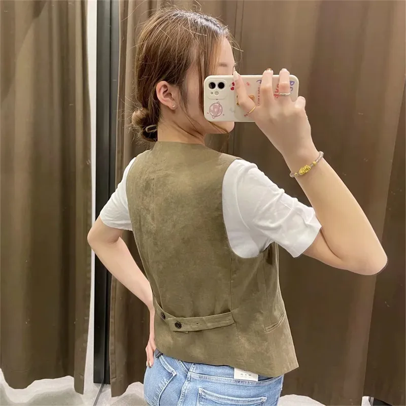 

Za Women's Spring Jacket Vests For Women Brown Cropped Blazer Vests 2021 Autumn Woman Vest Warm Sleeveless Female Vest Tops