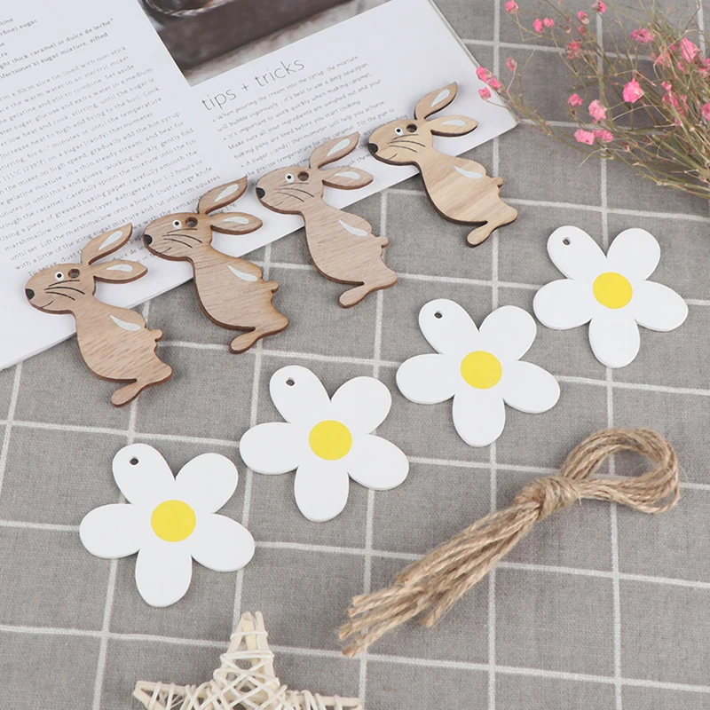8PCS/Pack Easter Wooden Rabbit White Flower Nordic Style Pendant Ornaments Craft | Дом и сад