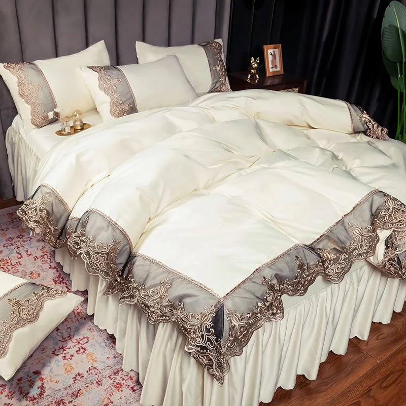 

European Style Nude Sleeping Washed Silk Bed Skirt Four-Piece Ice Silk Embroidery Quilt Cover Net Red Bed Linen Bedding