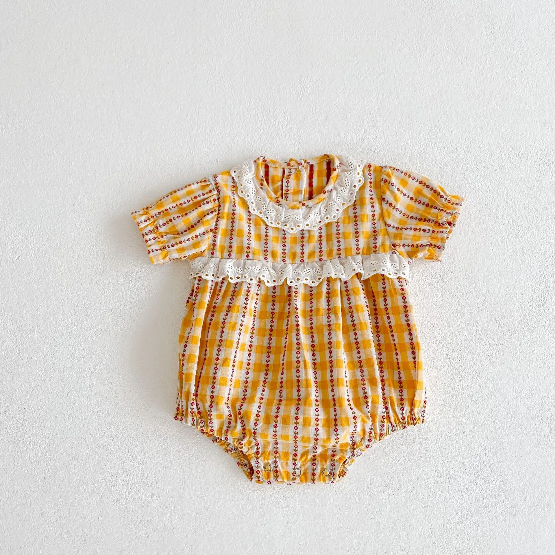

2021 New Toddler Baby Girl Floral Printed Lace Collar Short Sleeve Bodysuit Summer Kid Girls Plaid Cotton Princess Bodysuits