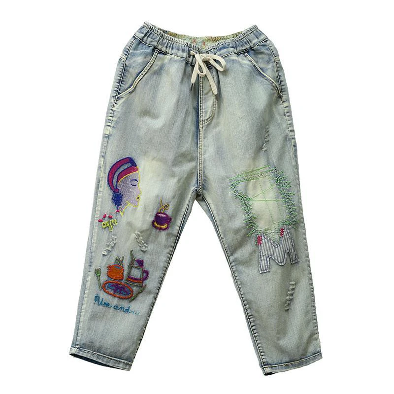

Summer Arts Style Women Elastic Waist Jeans Vintage embroidery Casual Harem Pants Hole Loose Calf-length Pants Plus Size D428