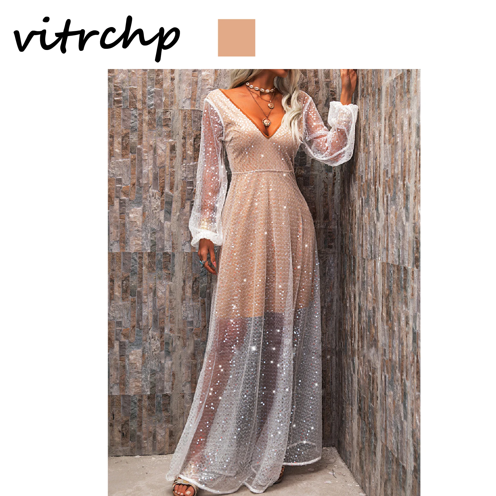 

VITRCHP 2021 Ladies Dress Summer New Arrival Casual Brand Long-Sleeved V-Neck Sequin Sexy for Women Party Classy Night