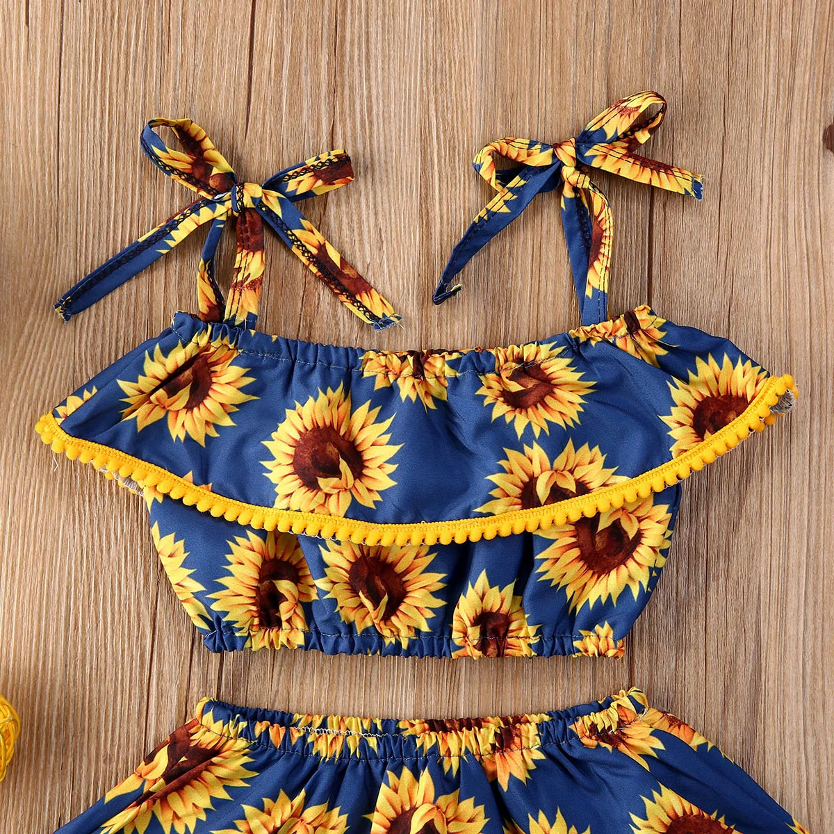Ropa de verano para ni&ntilde;os y ni&ntilde;as, traje para reci&eacute;n nacidos con correa, Tops con estampado de girasol, pantalones cortos, ropa informal con diadema-2