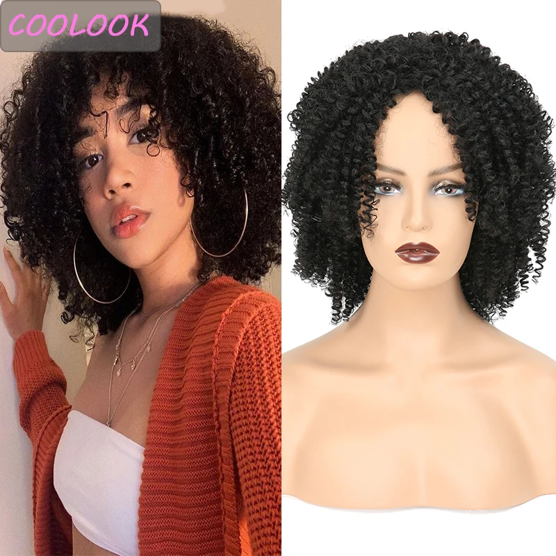 Resistente ao Calor Parte do Meio Perucas Encaracoladas Afro Encaracolado Curto Femininas 14 Polegada Cachos Peruca Marrom Sintético Cabelo Falso