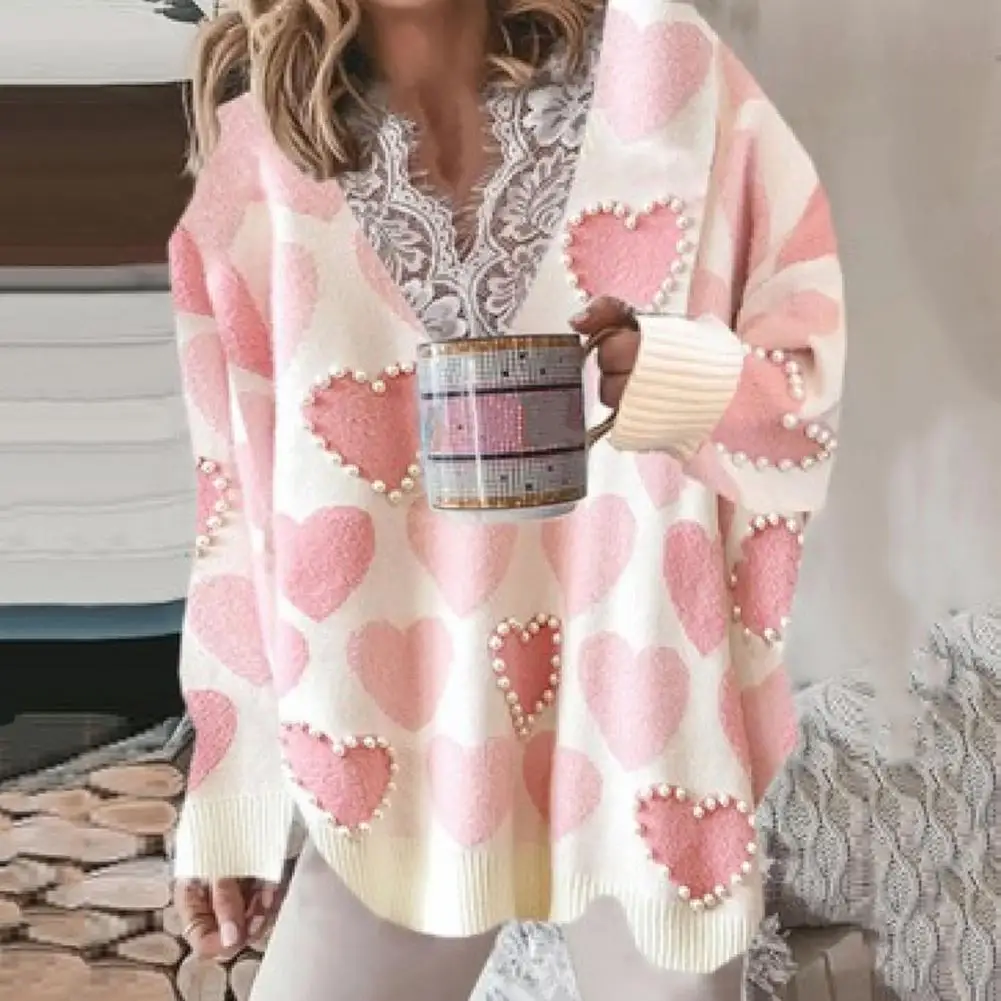 

Elegant Beading Heart Print Women Sweater Sexy V Neck Lace Patchwork Women Tops Pullover Autumn Winter Long Sleeve Sweaters 2021