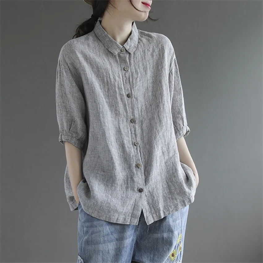 

Женские льняные блузки в винтажном стиле, свободные однобортные женские блузки черного и серого цвета с коротким рукавом и отворотом, женск...