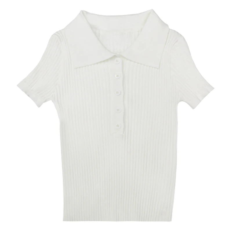 

Women Green White T Shirts Korean Turn Down Collar Short-Sleeve Knit T-shirt Casual Sweet Summer Autumn Slim Short Tops camisas