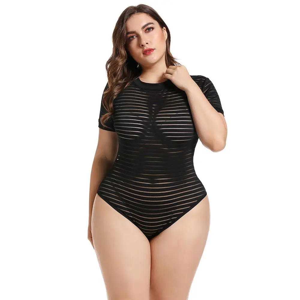 2019 боди сексуальные размера плюс женская мода в полоску сетка с вырезом коротким