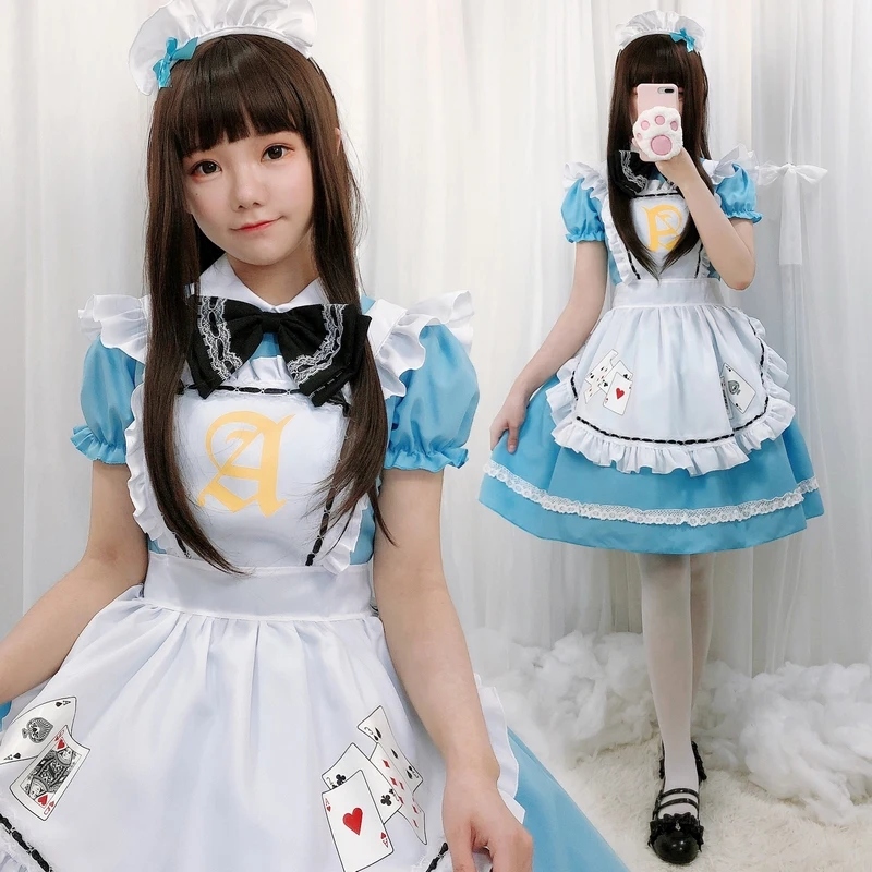 

Женское платье в стиле японского аниме Kawaii костюм горничной с покерной символикой Lolita, фартук для костюмированной вечеринки на Хэллоуин, Ко...