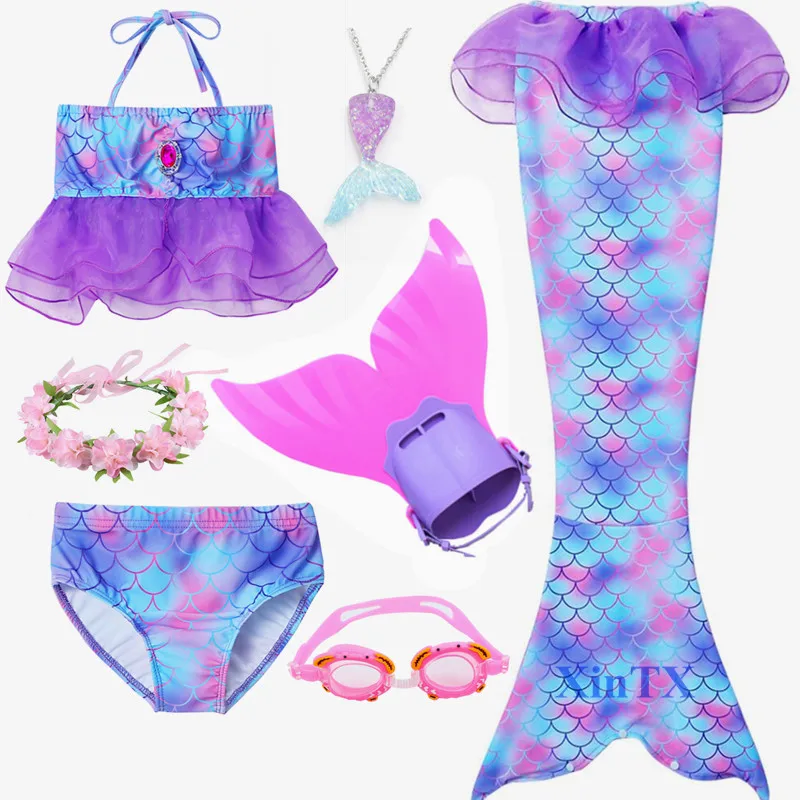 

4Pieces Girls Swimming Mermaid Tail Cosplay Mermaid Costume Swimsuit With Monofin Fin Flipper Children Swimwear Set